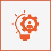 Lightbulb and gear with person icon.