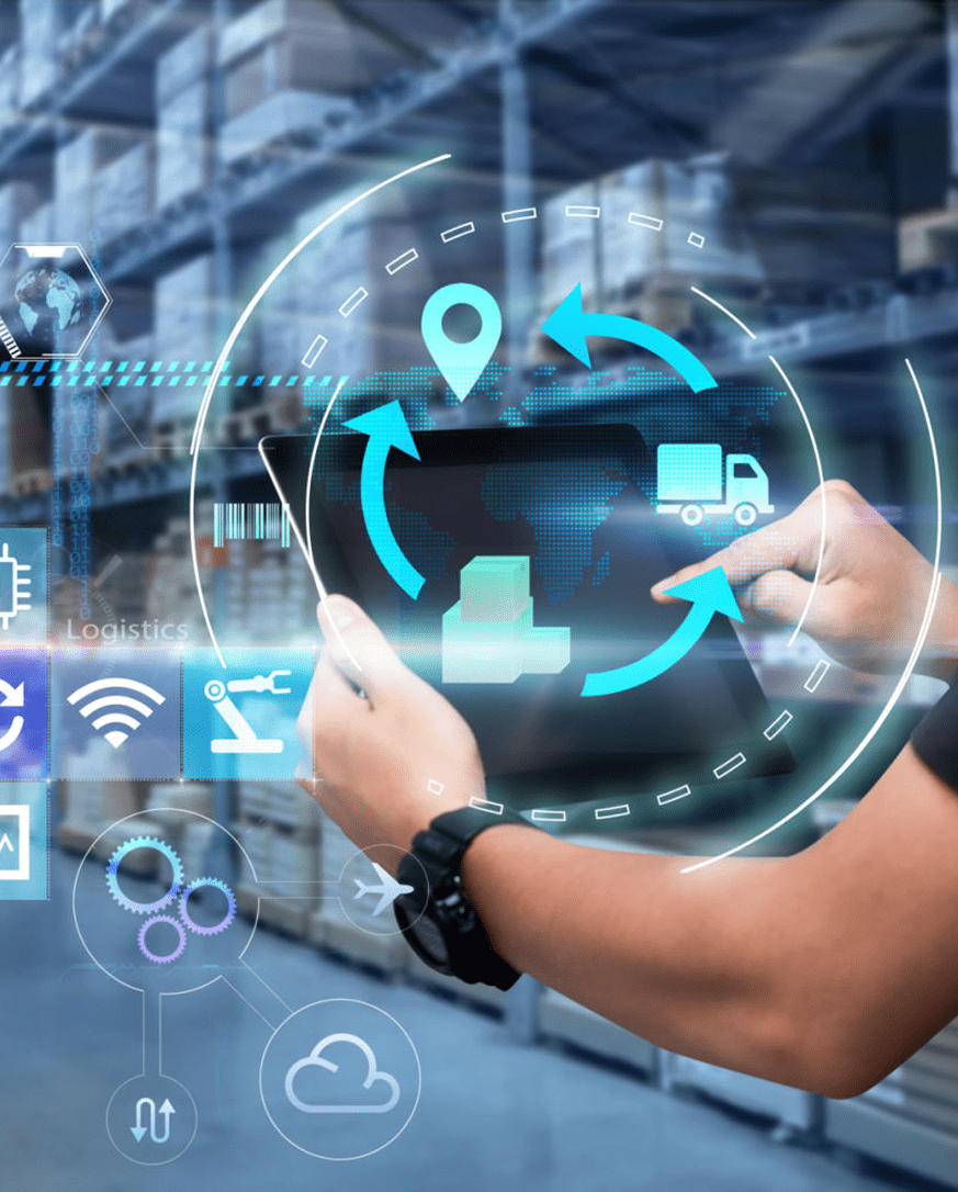 Person using tablet with logistics icons overlay.