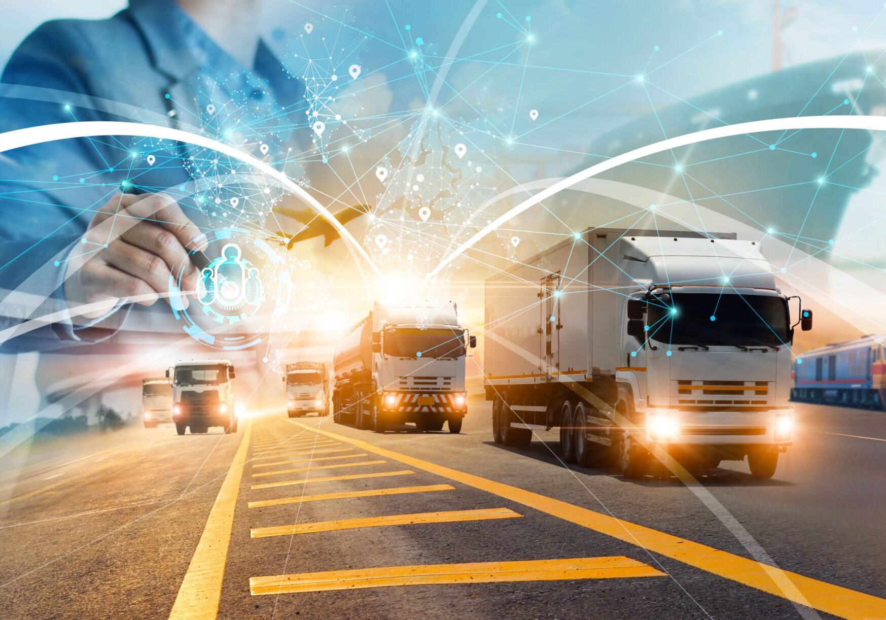 Logistics concept with trucks and digital overlay.