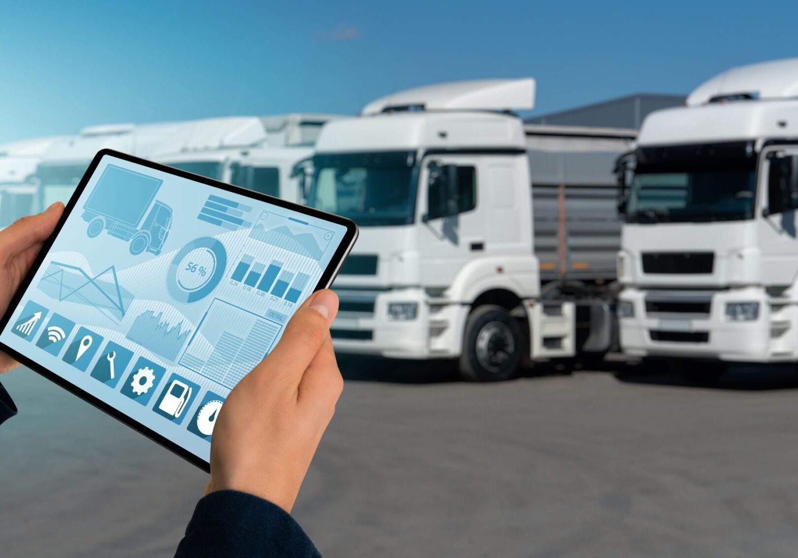 Tablet managing data for fleet of trucks.