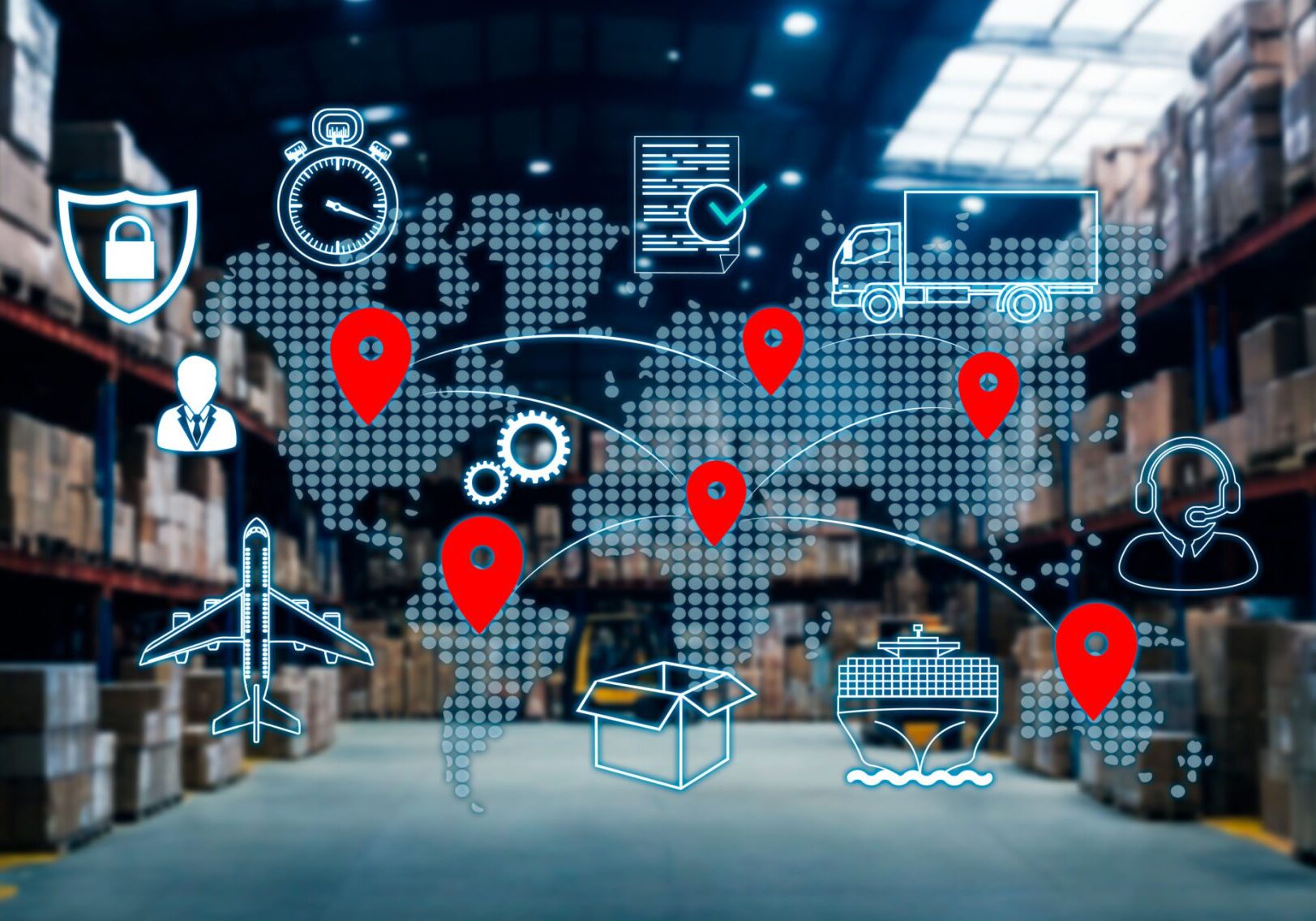 Warehouse with global logistics overlay illustration.